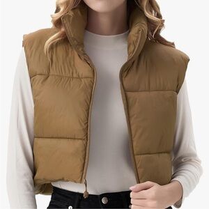 Cropped Puffer Vest Lightweight Sleeveless Winter Stand Collar Padded Gilet